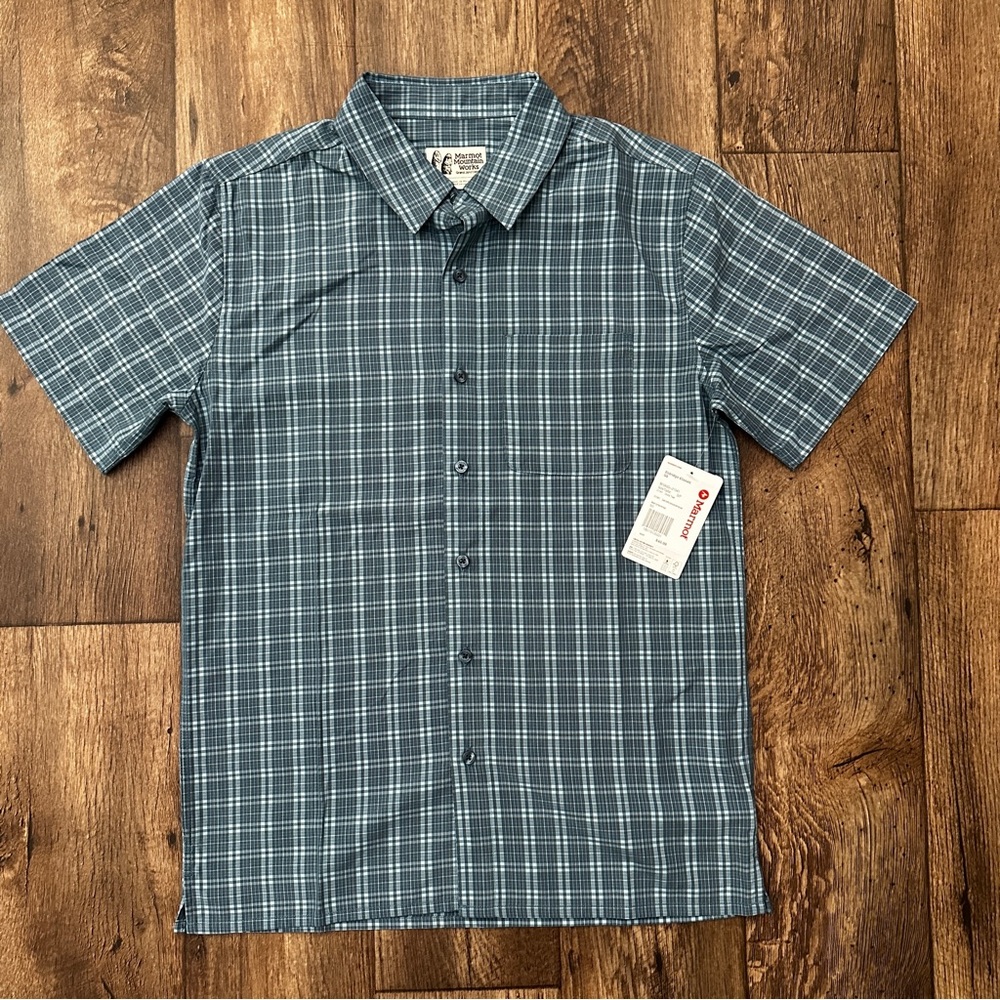 Marmot Classic Short Sleeve Button Shirt Men’s Size S Dusty Teal Check